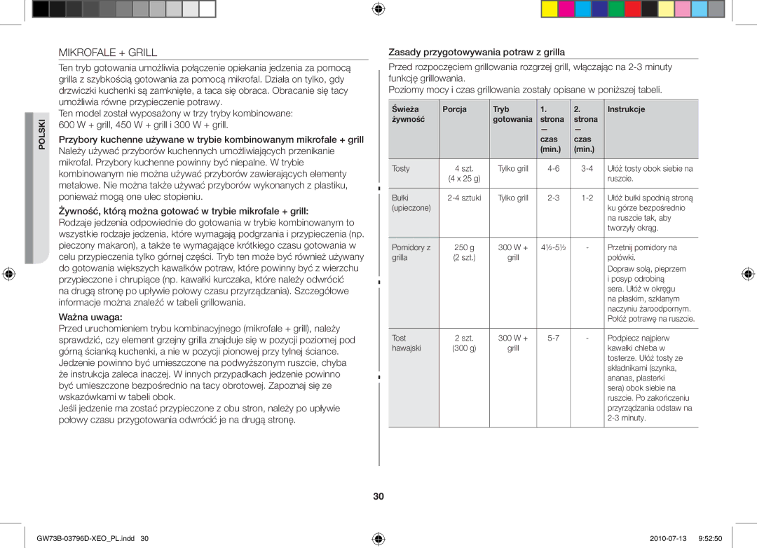 Samsung GW73B/XET, GW73B/ELE, GW73B/XEO manual Mikrofale + Grill, Strona Czas Min 