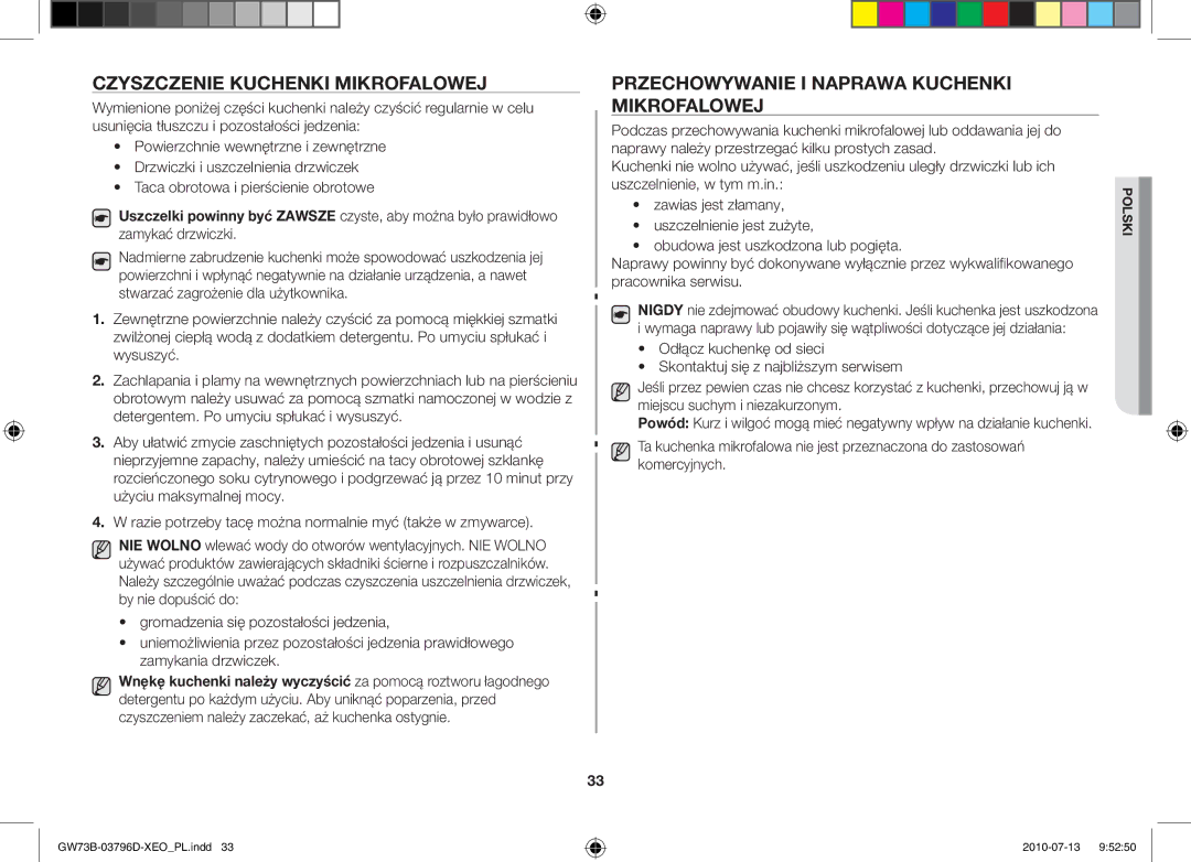 Samsung GW73B/XET, GW73B/ELE, GW73B/XEO Czyszczenie kuchenki mikrofalowej, Przechowywanie i naprawa kuchenki mikrofalowej 