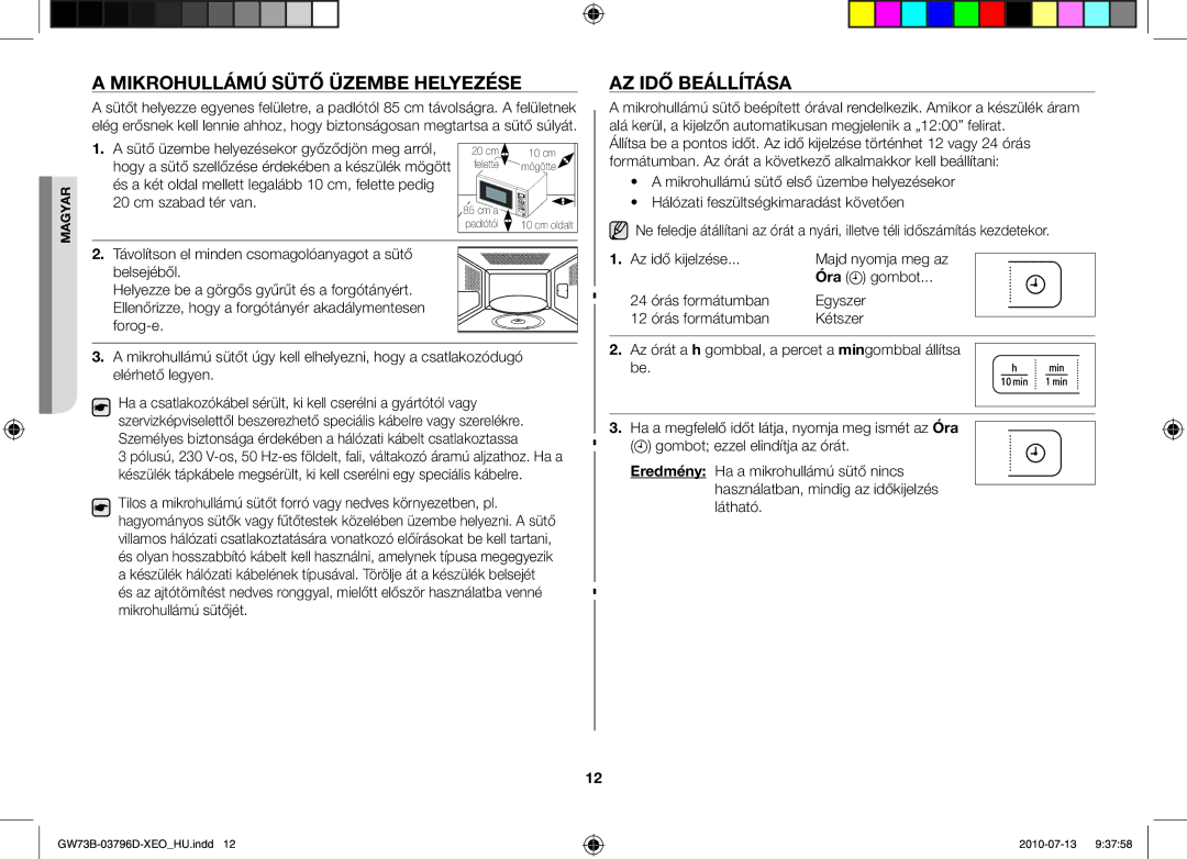 Samsung GW73B/XET, GW73B/ELE, GW73B/XEO manual Mikrohullámú sütő üzembe helyezése Az idő beállítása, Óra gombot 