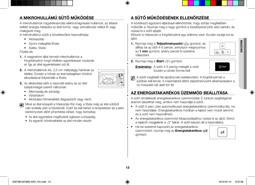 Samsung GW73B/ELE manual Mikrohullámú sütő működése, Sütő működésének ellenőrzése, Az energiatakarékos üzemmód beállítása 