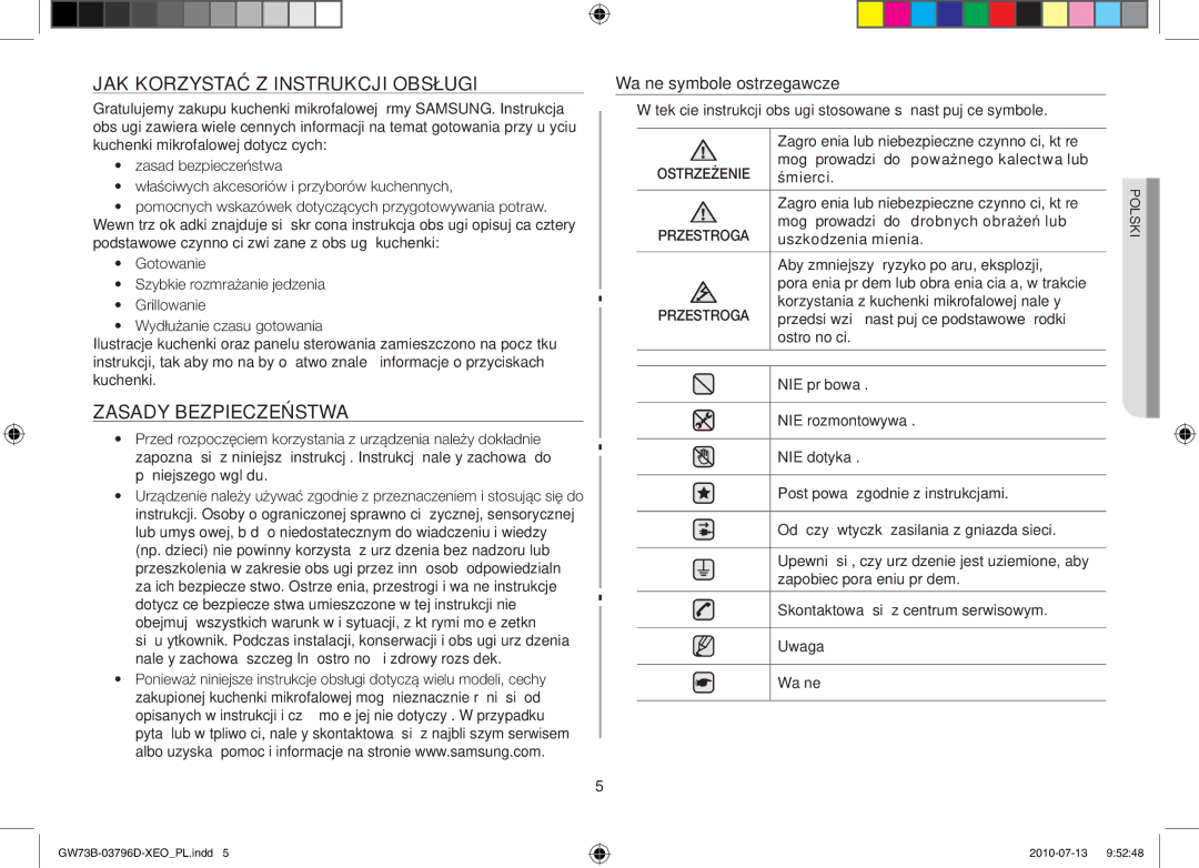 Samsung GW73B/XEO, GW73B/XET manual Jak korzystać z instrukcji obsługi, Zasady bezpieczeństwa, Ważne symbole ostrzegawcze 