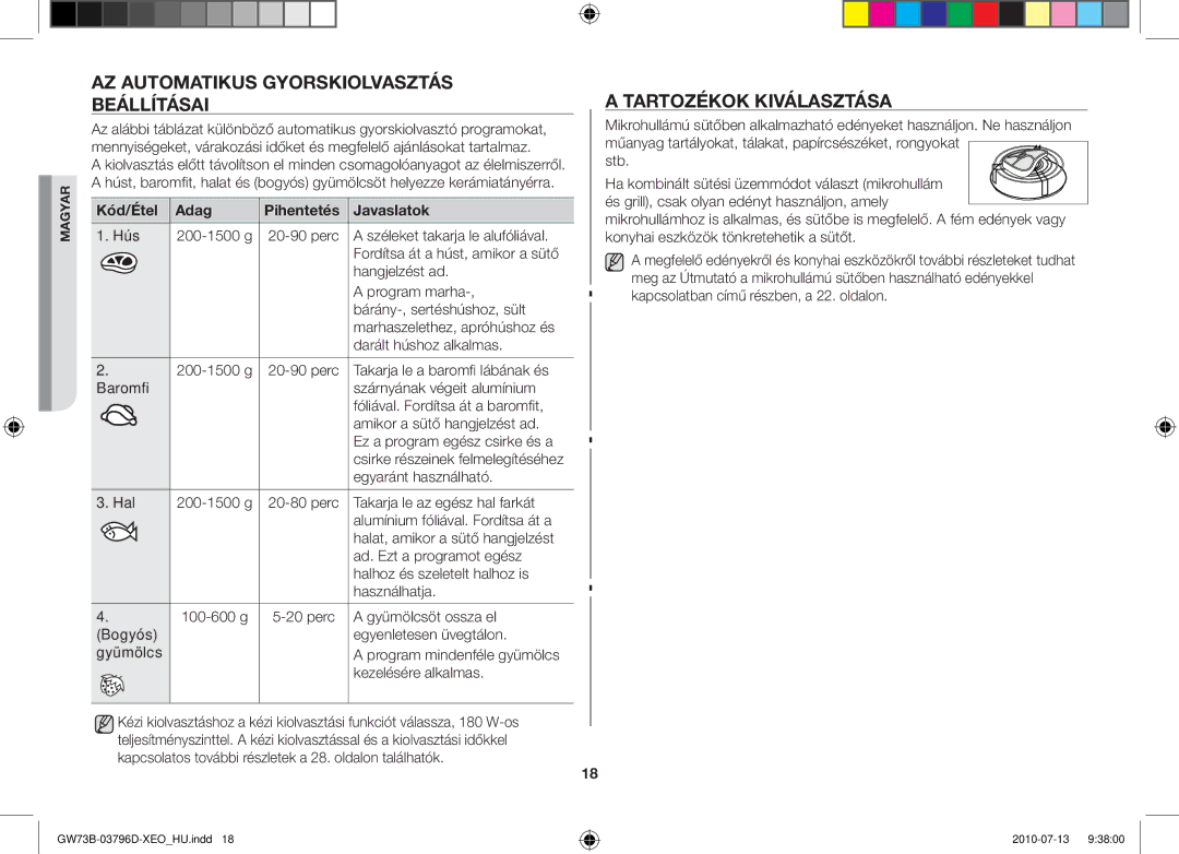 Samsung GW73B/XET, GW73B/ELE, GW73B/XEO manual Az Automatikus gyorskiolvasztás beállításai, Tartozékok kiválasztása 