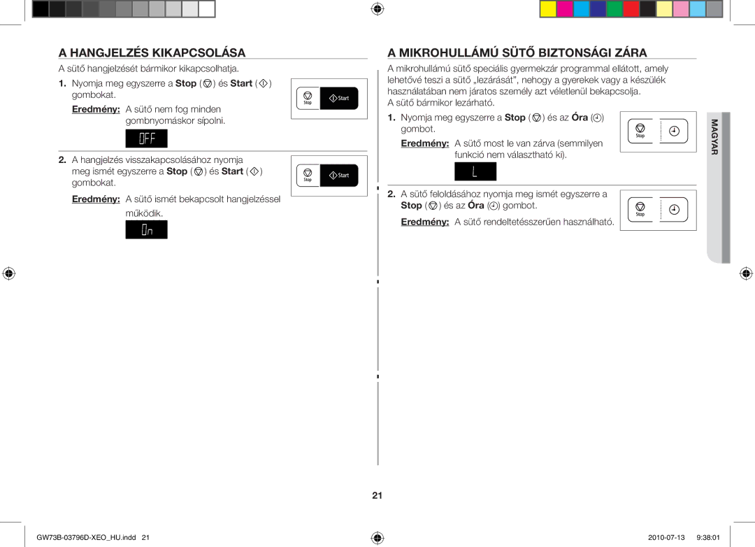 Samsung GW73B/XET, GW73B/ELE, GW73B/XEO manual Hangjelzés kikapcsolása, Mikrohullámú sütő biztonsági zára 