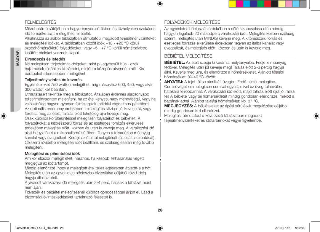 Samsung GW73B/XEO, GW73B/XET, GW73B/ELE manual Felmelegítés, Folyadékok Melegítése, Bébiétel Melegítése 