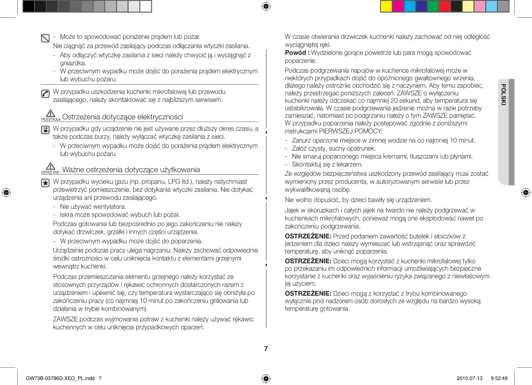 Samsung GW73B/ELE Przestroga Ostrzeżenia dotyczące elektryczności, Ostrzeżenie Ważne ostrzeżenia dotyczące użytkowania 