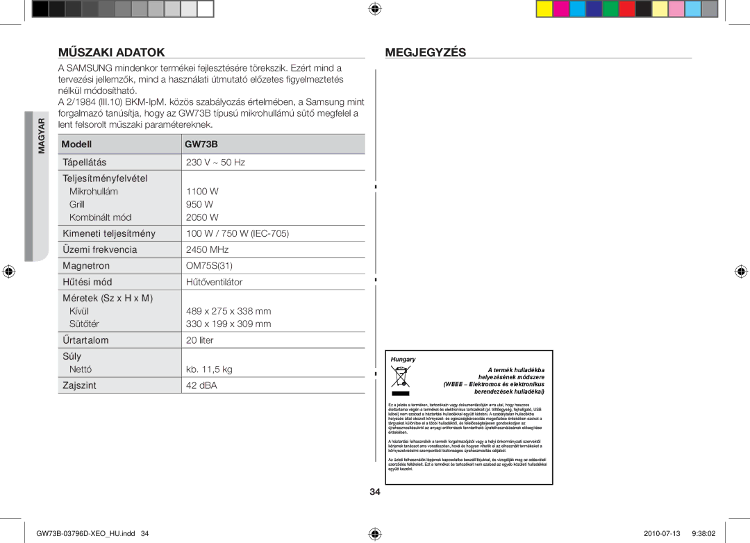 Samsung GW73B/ELE, GW73B/XET, GW73B/XEO manual Műszaki adatok Megjegyzés, Modell 