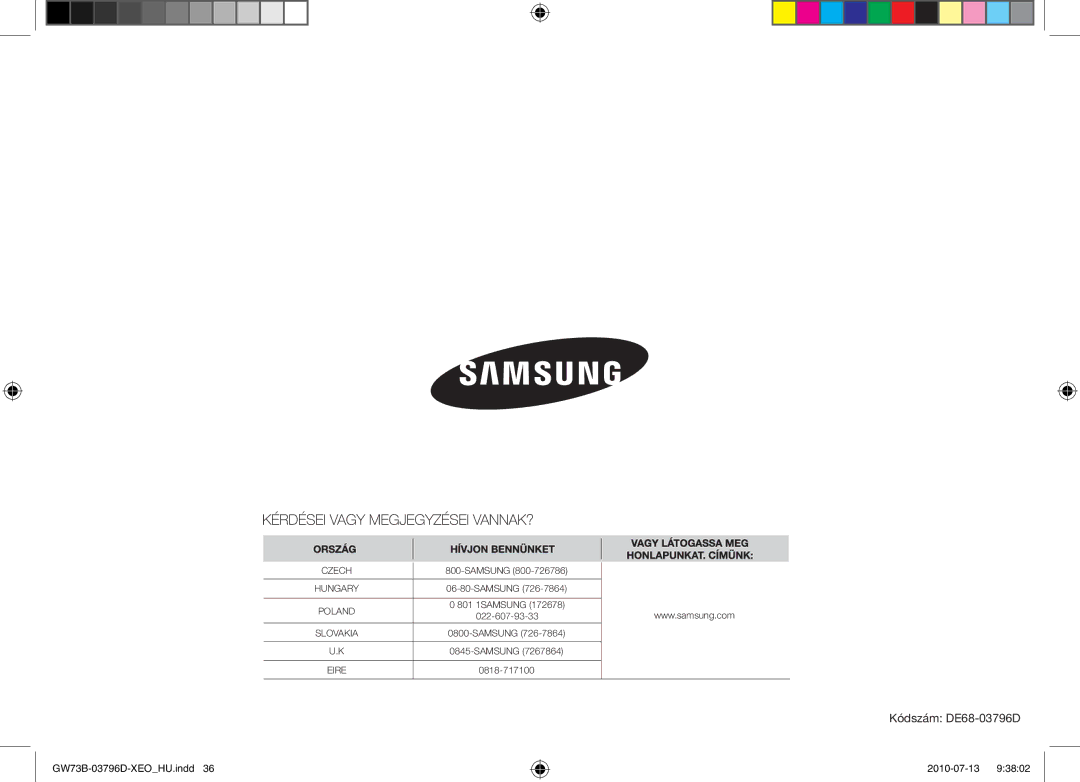 Samsung GW73B/XET, GW73B/ELE, GW73B/XEO manual Kódszám DE68-03796D 