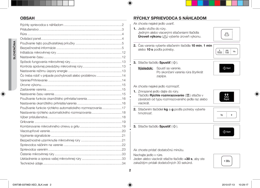 Samsung GW73B/XEO, GW73B/XET manual Obsah, Rýchly sprievodca s náhľadom, Ak chcete nejaké jedlo uvariť Jedlo vložte do rúry 