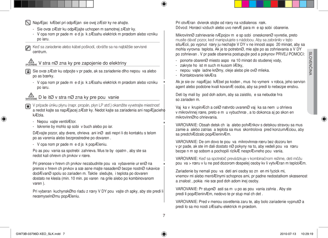 Samsung GW73B/ELE, GW73B/XET, GW73B/XEO manual Upozornenie Výstražné značky pre zapojenie do elektriny 