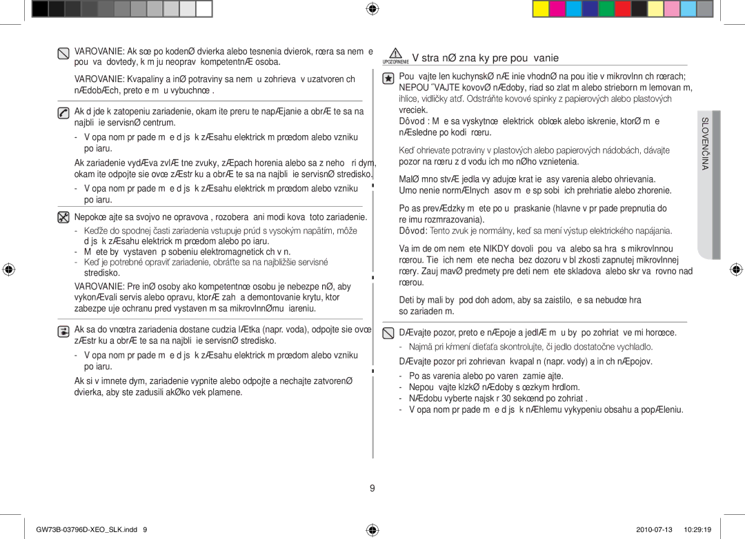 Samsung GW73B/XET, GW73B/ELE, GW73B/XEO manual Upozornenie Výstražné značky pre používanie 