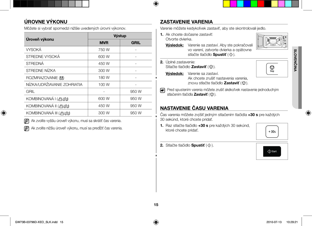 Samsung GW73B/XET, GW73B/ELE, GW73B/XEO Úrovne výkonu, Zastavenie varenia, Nastavenie času varenia, Úroveň výkonu Výstup 