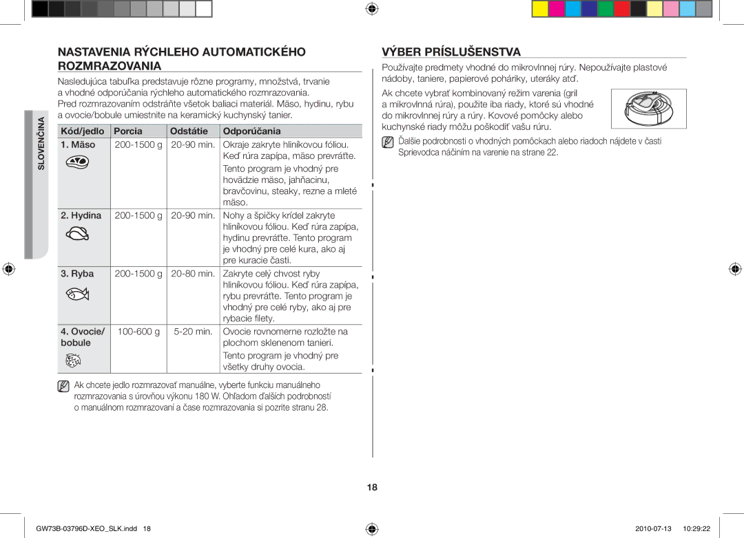 Samsung GW73B/XET, GW73B/ELE, GW73B/XEO manual Nastavenia rýchleho automatického rozmrazovania, Výber príslušenstva 