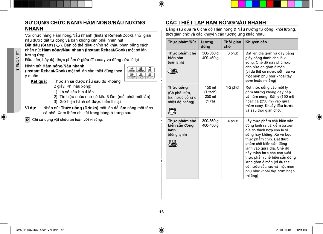 Samsung GW73B/XSV manual Sử dụng chức năng Hâm nóng/Nấu nướng nhanh, Các thiết lập hâm nóng/nấu nhanh 