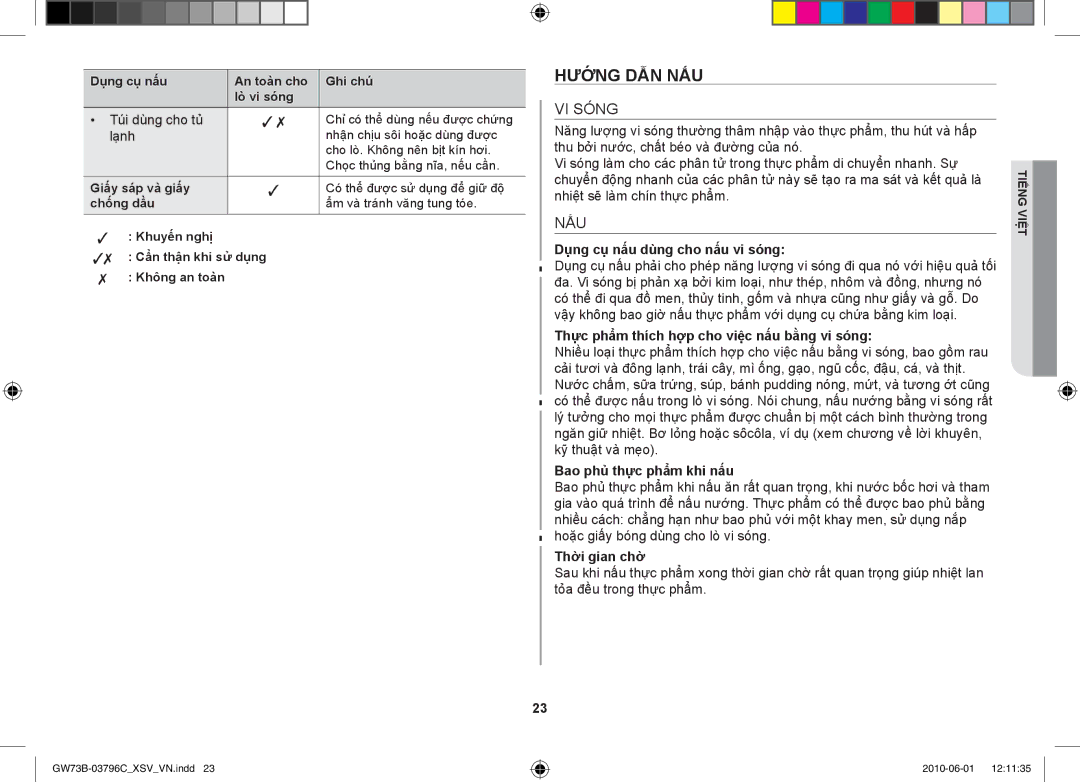 Samsung GW73B/XSV manual Hướng dẫn nấu, VI Sóng, Nấu 
