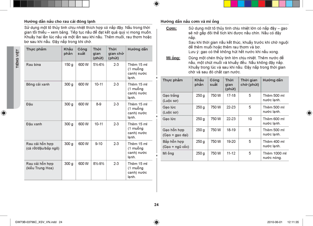 Samsung GW73B/XSV manual Hướng dẫn nấu cho rau cải đông lạnh, Hướng dẫn nấu cơm và mì ống 