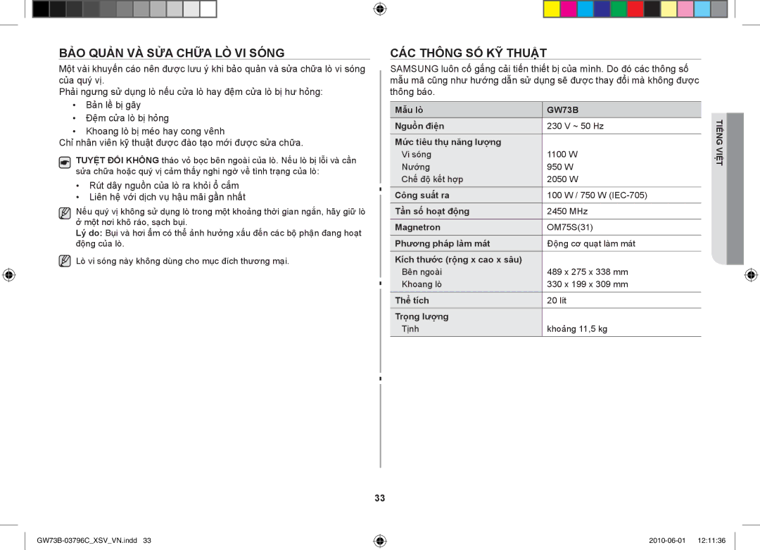 Samsung GW73B/XSV manual Bảo quản và sửa chữa lò vi sóng, Các thông số kỹ thuật 