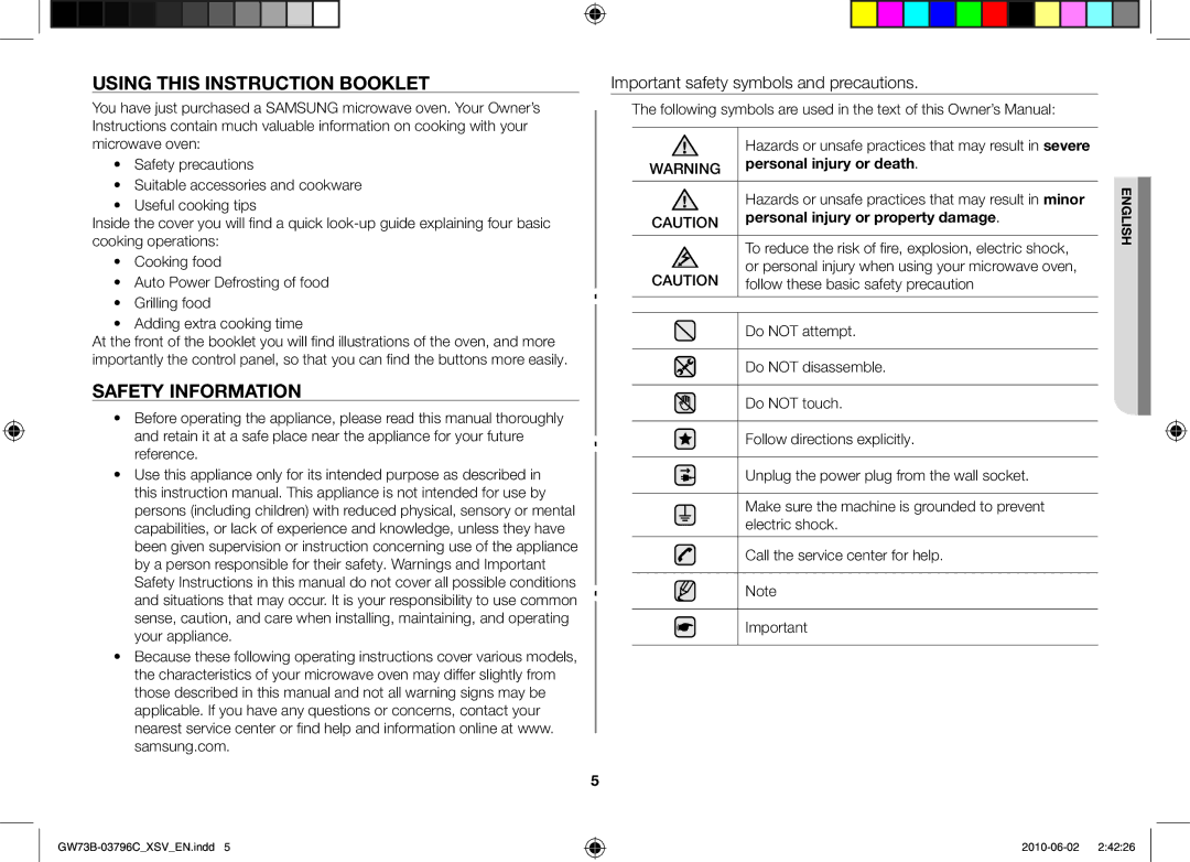 Samsung GW73B/XSV manual Using this instruction booklet, Safety information, Personal injury or death 