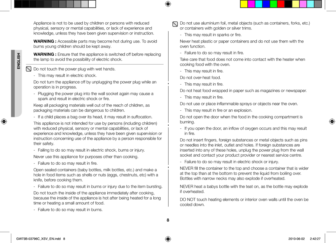 Samsung GW73B/XSV manual This may result in fire. Do not over-heat food 