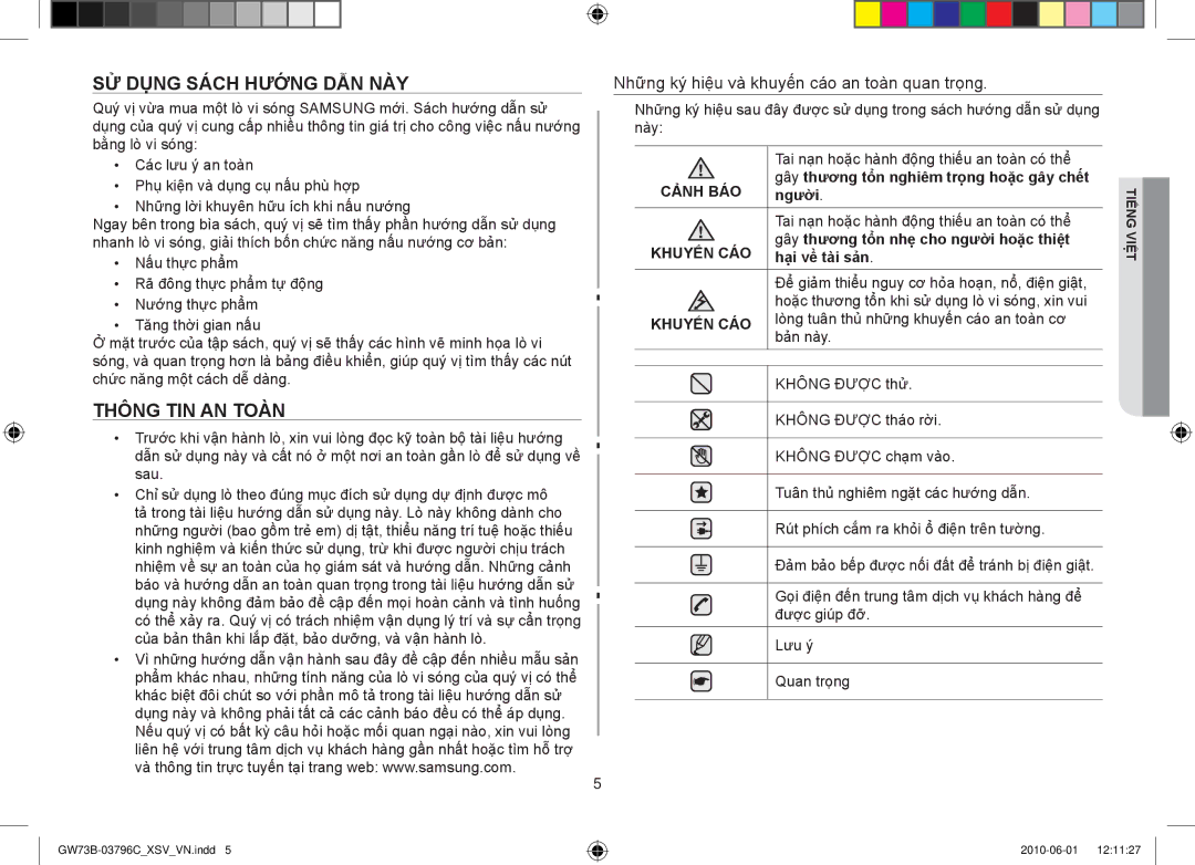 Samsung GW73B/XSV manual Sử dụng sách hướng dẫn này, Thông tin an toàn, Người, Gây thương tổn nhẹ cho người hoặc thiệt 
