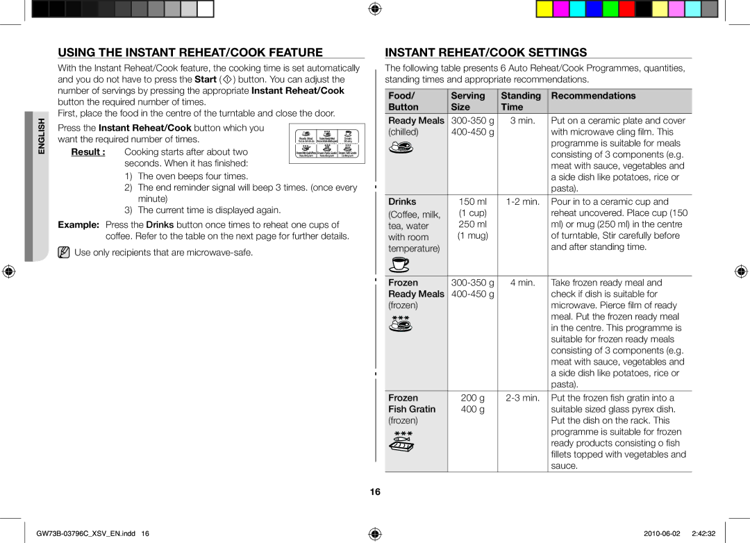 Samsung GW73B/XSV manual Using the instant reheat/cook feature, Instant reheat/cook settings 