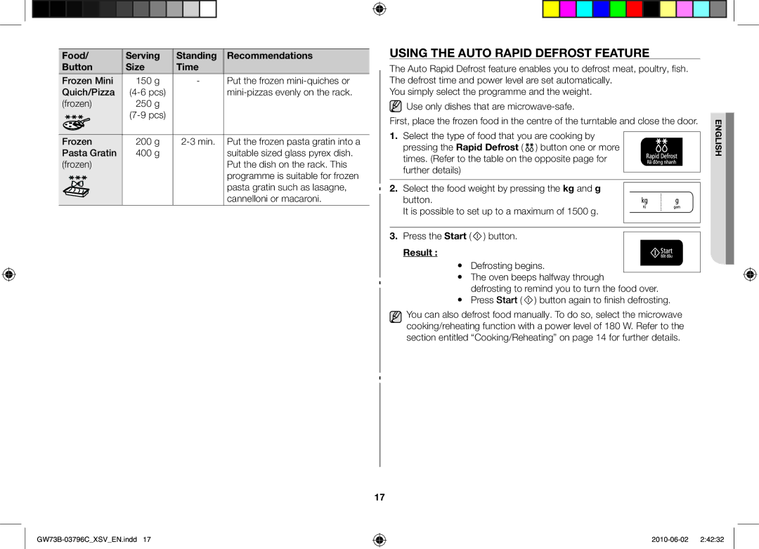 Samsung GW73B/XSV manual Using the auto rapid defrost feature, Mini-pizzas evenly on the rack, Frozen 250 g 