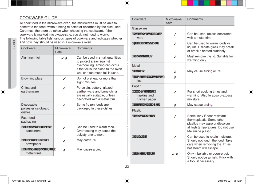 Samsung GW73B/XSV manual Cookware guide 