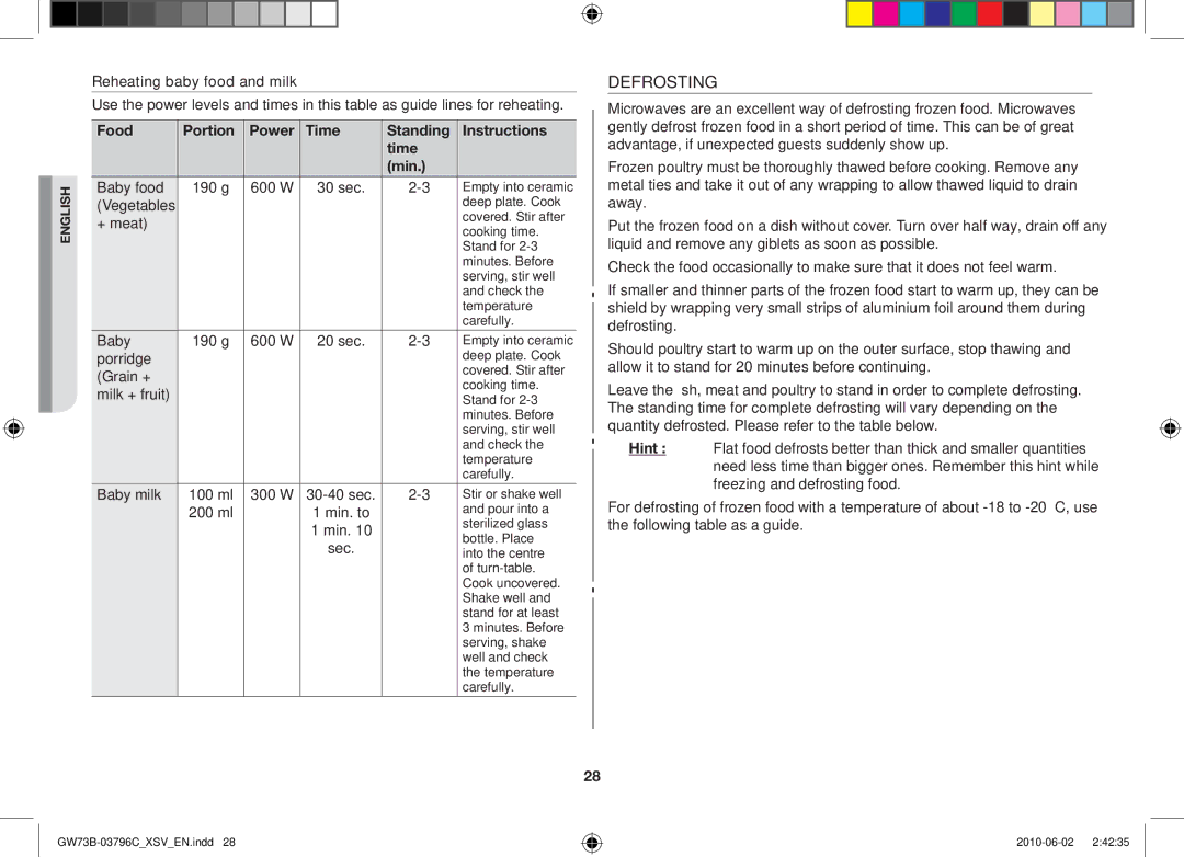 Samsung GW73B/XSV manual Defrosting 