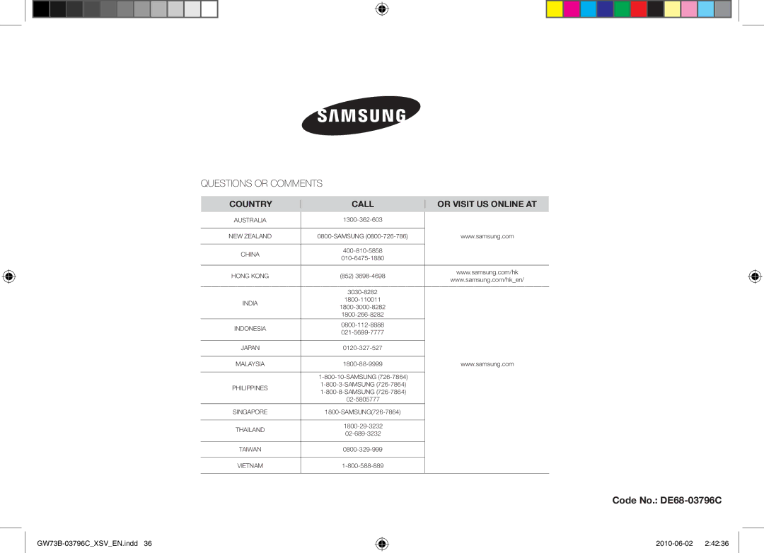 Samsung GW73B/XSV manual Questions or Comments, Code No. DE68-03796C 