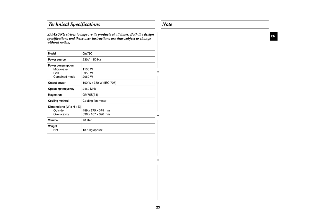 Samsung GW73C-S/XSV manual Technical Specifications 