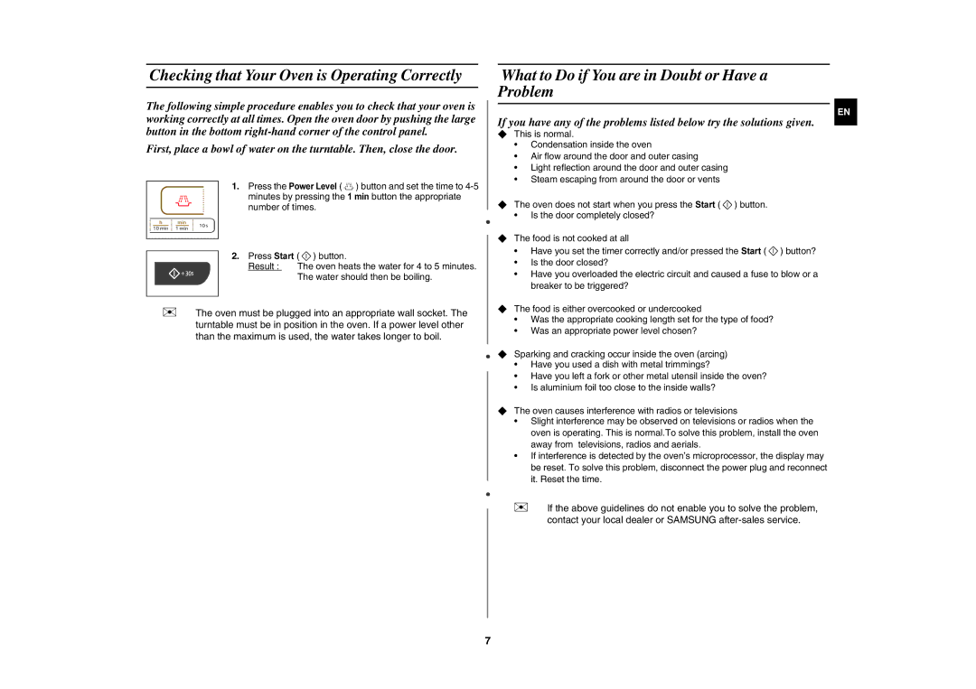 Samsung GW73C-S/XSV manual Checking that Your Oven is Operating Correctly, What to Do if You are in Doubt or Have a Problem 