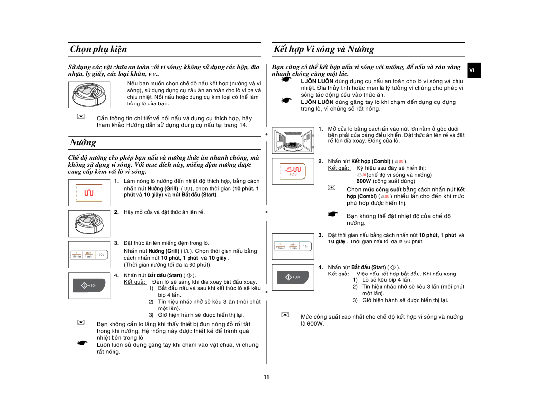 Samsung GW73C-S/XSV manual Choïn phuï kieän Keát hôïp Vi soùng vaø Nöôùng, Thôøi gian nöôùng toái ña laø 60 phuùt 