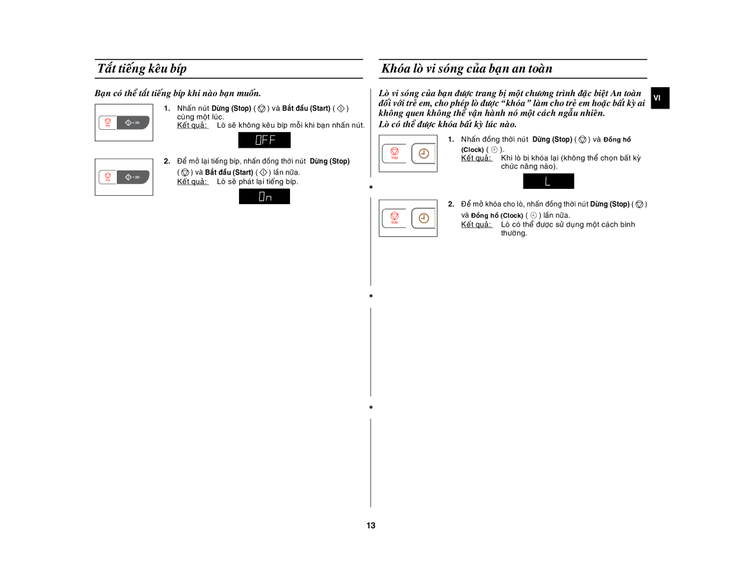 Samsung GW73C-S/XSV manual Taét tieáng keâu bíp Khoùa loø vi soùng cuûa baïn an toaøn 