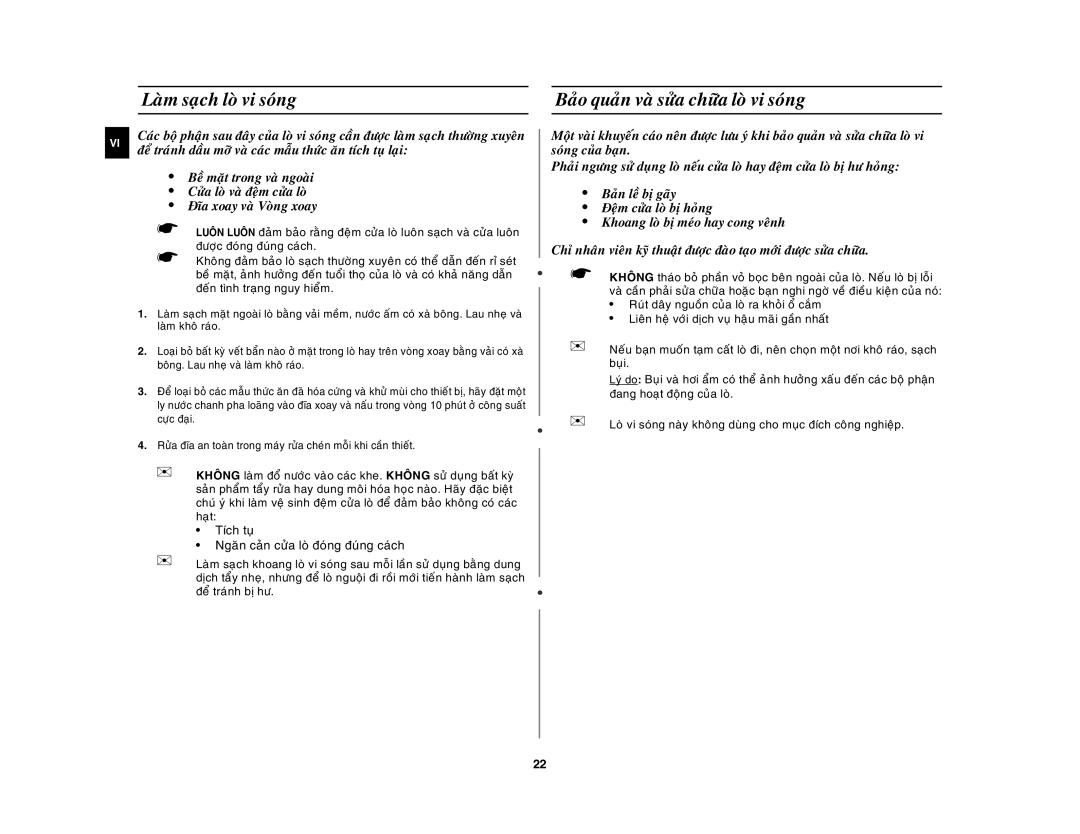 Samsung GW73C-S/XSV manual Laøm saïch loø vi soùng, Baûo quaûn vaø söûa chöõa loø vi soùng 