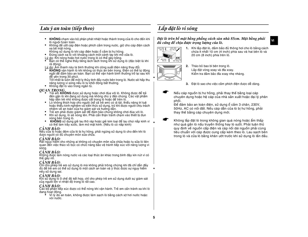 Samsung GW73C-S/XSV manual Löu yù an toaøn tieáp theo, Laép ñaët loø vi soùng, Quan Troïng, Caûnh Baùo 