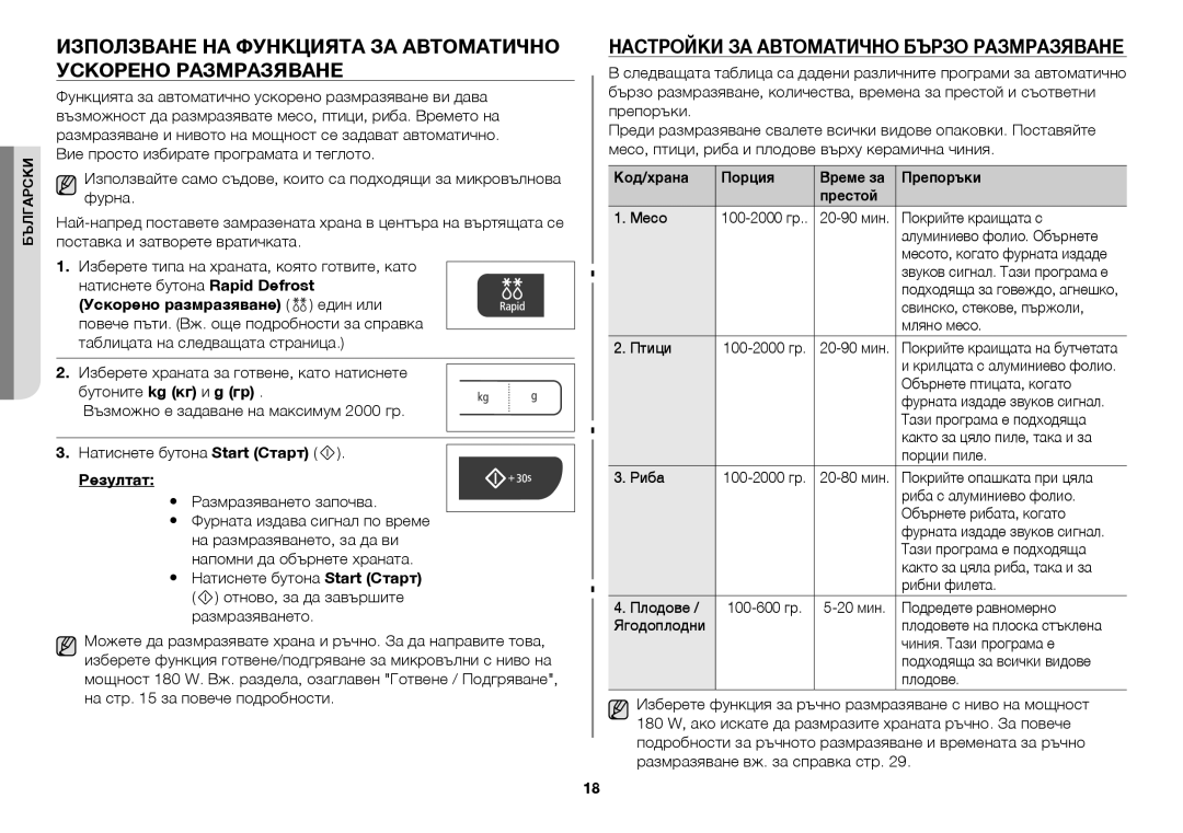 Samsung GW73C/BOL manual Настройки за автоматично бързо размразяване, Бутоните kg кг и g гр, Резултат, Код/храна Порция 