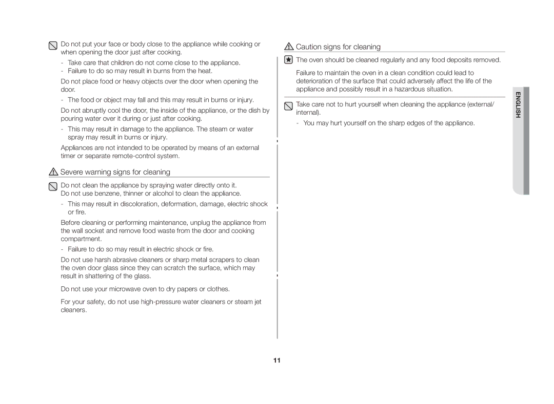 Samsung GW73C/BOL manual Severe warning signs for cleaning 