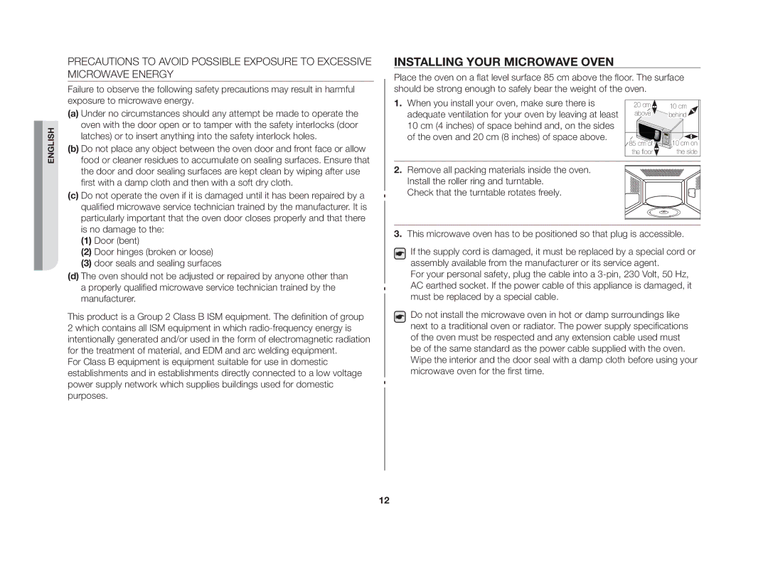 Samsung GW73C/BOL manual Installing your microwave oven 