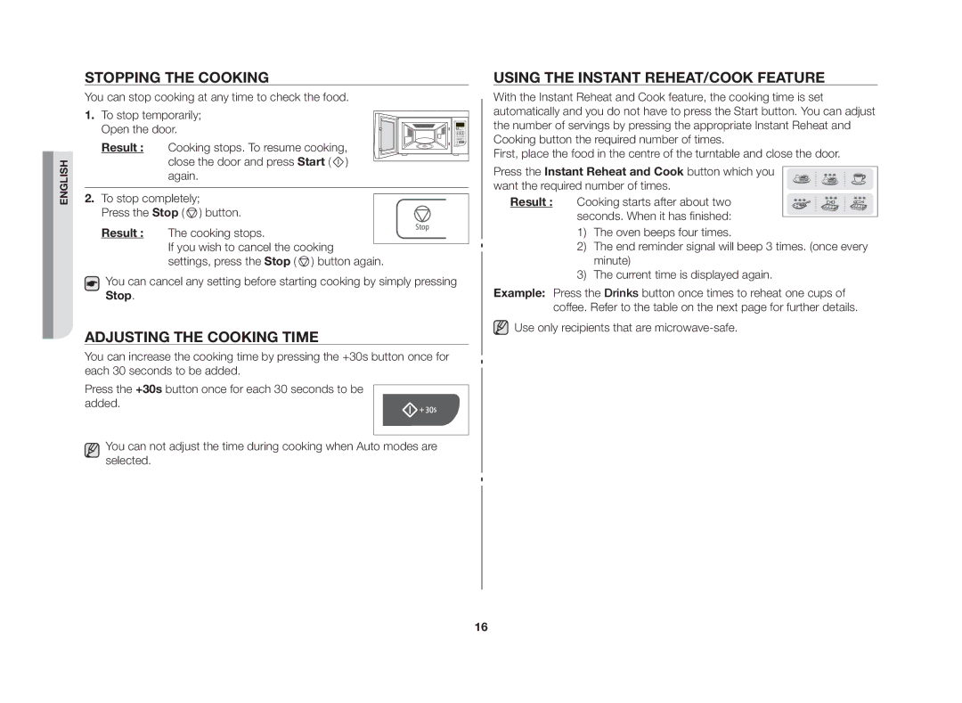 Samsung GW73C/BOL manual Stopping the cooking, Adjusting the cooking time, Using the instant reheat/cook feature, Result 