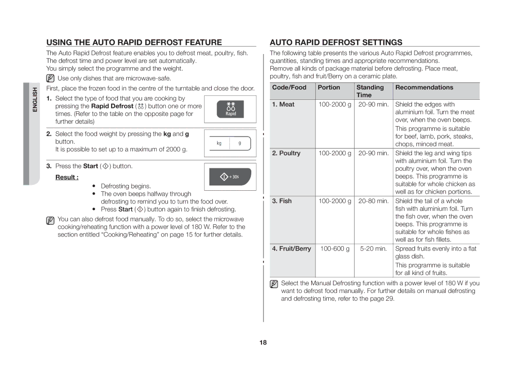 Samsung GW73C/BOL manual Using the auto rapid defrost feature, Auto rapid defrost settings 