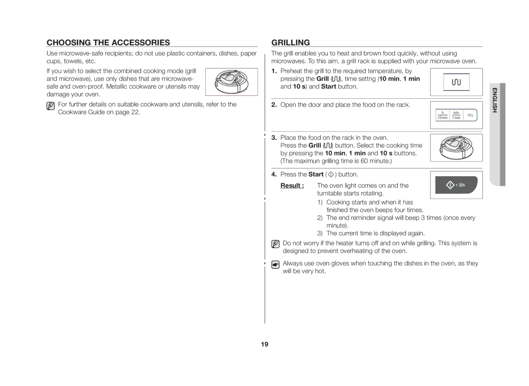 Samsung GW73C/BOL manual Choosing the accessories, Grilling 