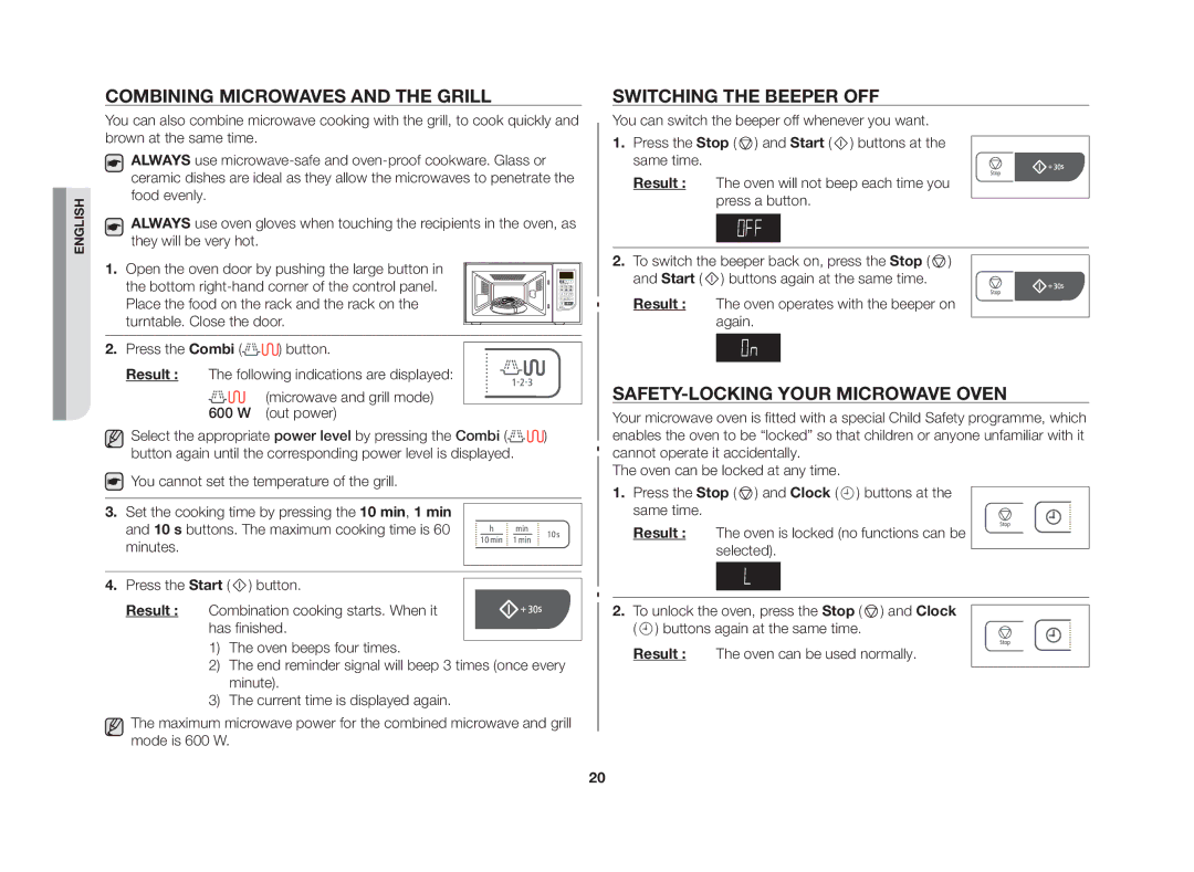 Samsung GW73C/BOL manual Combining microwaves and the grill, Switching the beeper off, Safety-locking your microwave oven 