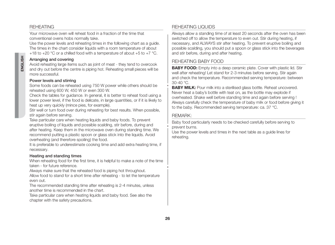 Samsung GW73C/BOL manual Reheating 