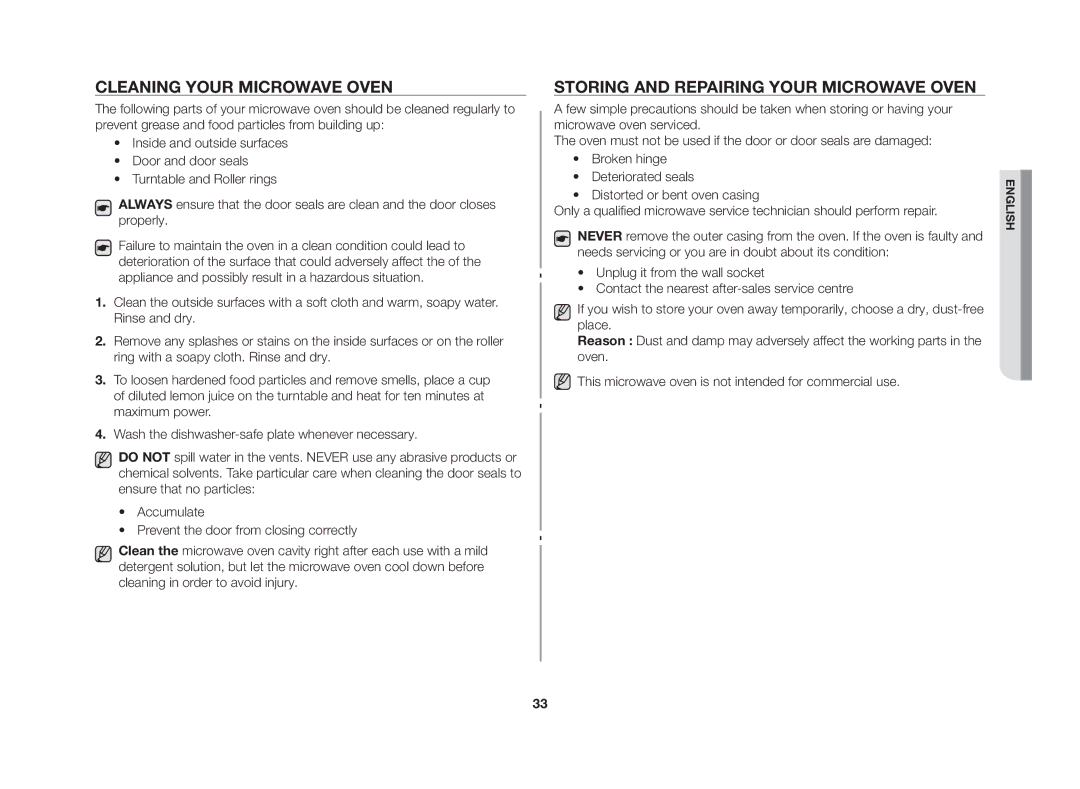 Samsung GW73C/BOL manual Cleaning your microwave oven, Storing and repairing your microwave oven 