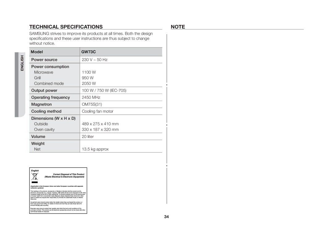 Samsung GW73C/BOL manual Technical specifications, Model 