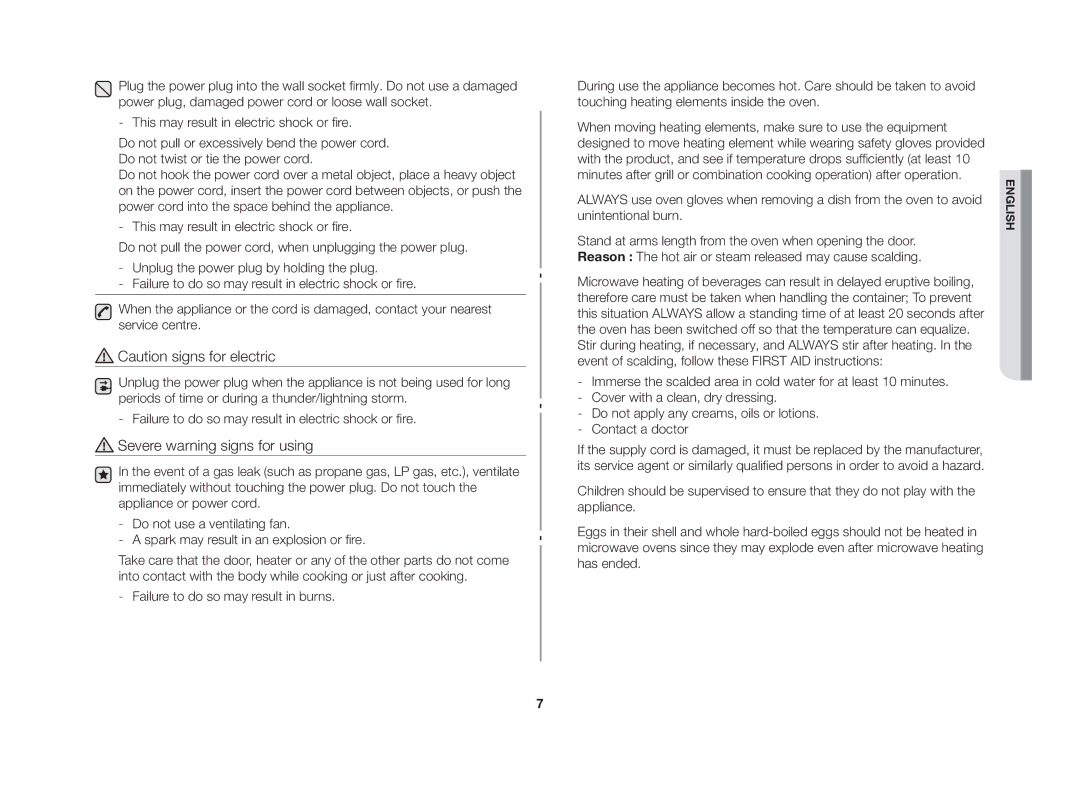 Samsung GW73C/BOL manual Severe warning signs for using 