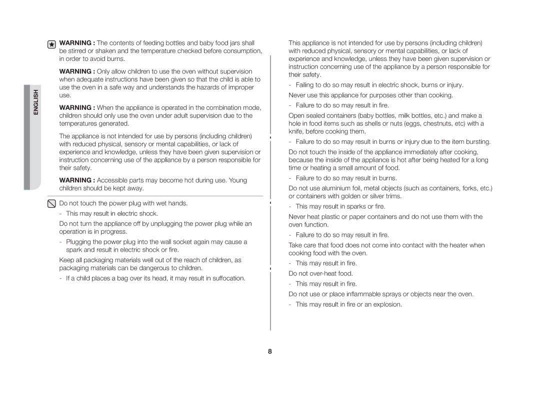 Samsung GW73C/BOL manual This may result in fire. Do not over-heat food 