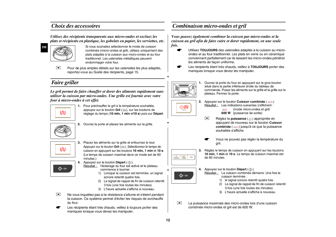 Samsung GW73C/XEF manual Choix des accessoires Combinaison micro-ondes et gril, Faire griller 