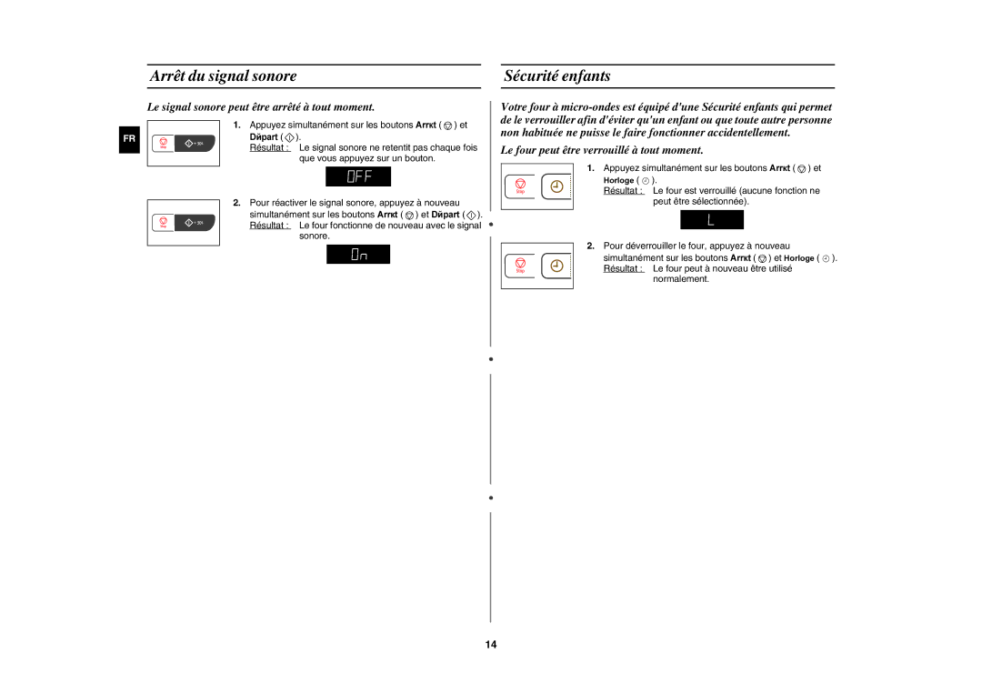 Samsung GW73C/XEF manual Arrêt du signal sonore Sécurité enfants, Le signal sonore peut être arrêté à tout moment, Sonore 