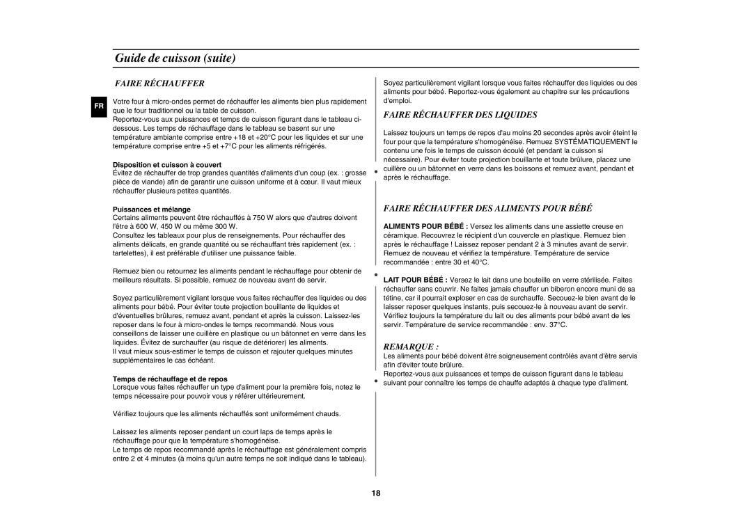 Samsung GW73C/XEF manual Faire Réchauffer DES Liquides, Faire Réchauffer DES Aliments Pour Bébé, Remarque 