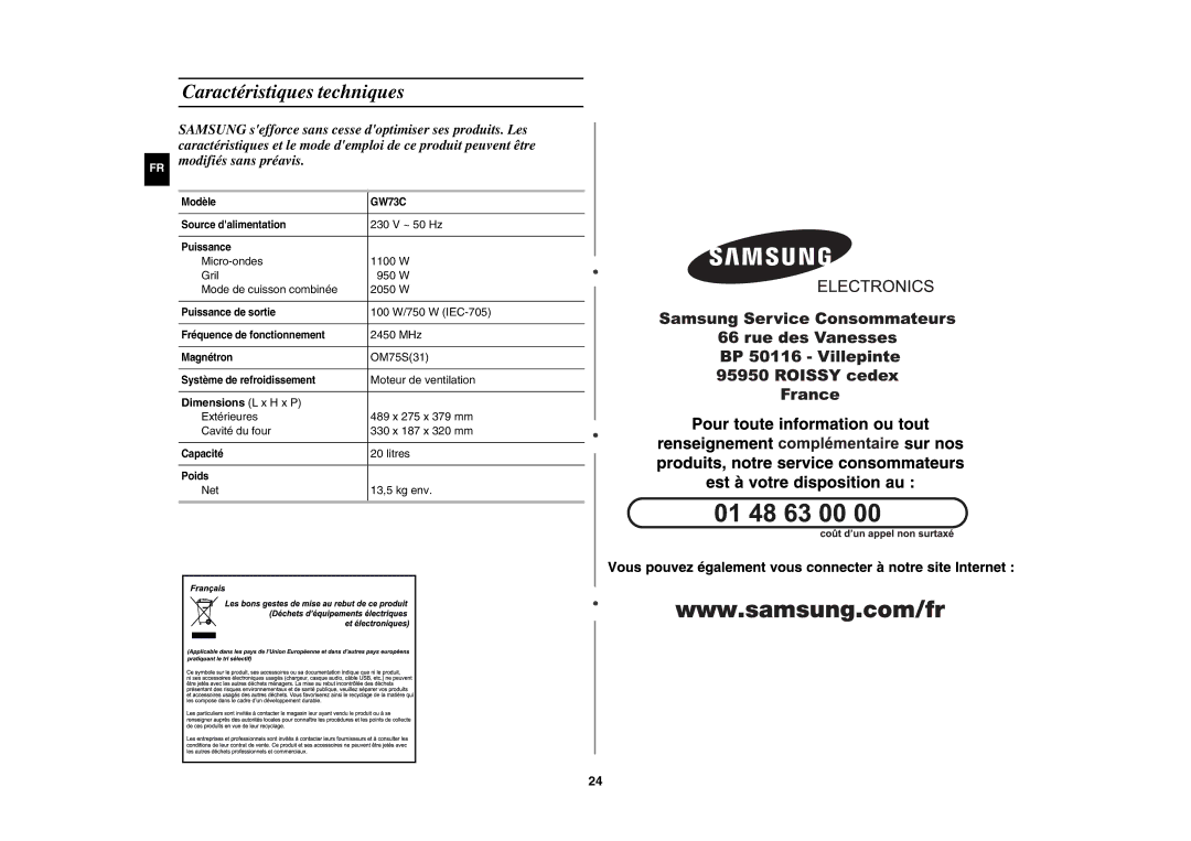 Samsung GW73C/XEF manual Caractéristiques techniques, Dimensions L x H x P 